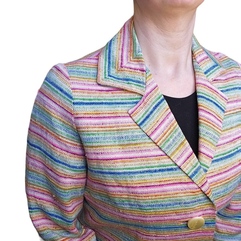 Vintage 60s 70s‎ Rainbow Striped Blazer Jacket Small Big Buttons Colorful Pink - Picture 5 of 14